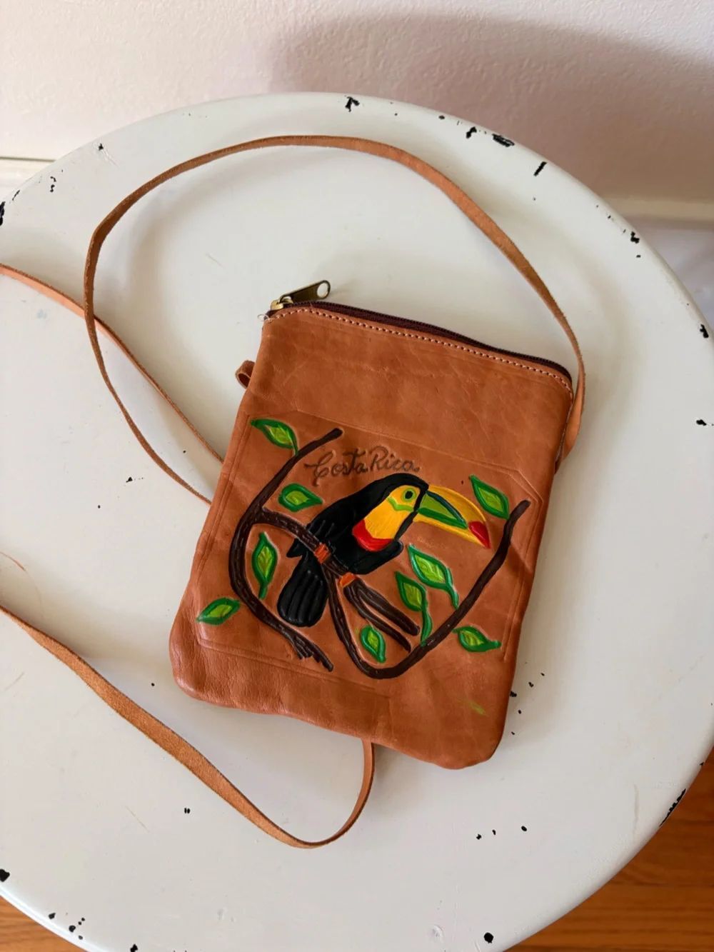 Hand Painted Leather Crossbody Bag Wallet Costa Rica Toucan Tropical Bird Boho